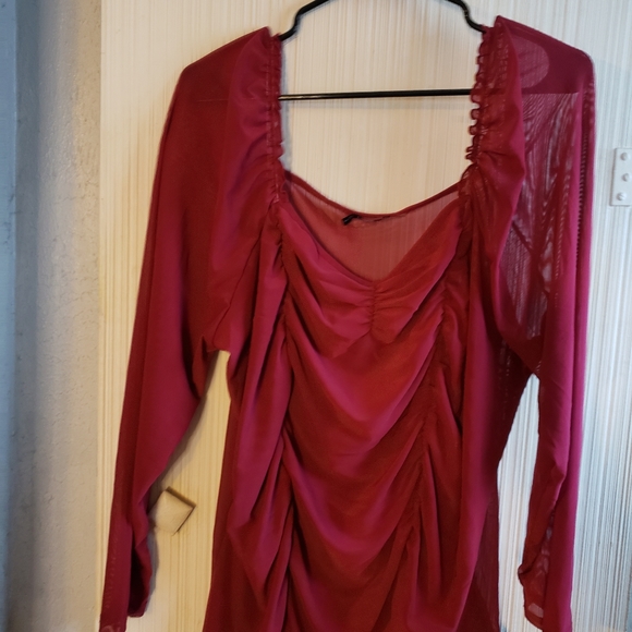 Luna Moon Tops - Luna Moon Red Transparent Long Sleeve Blouse Size:3XL.